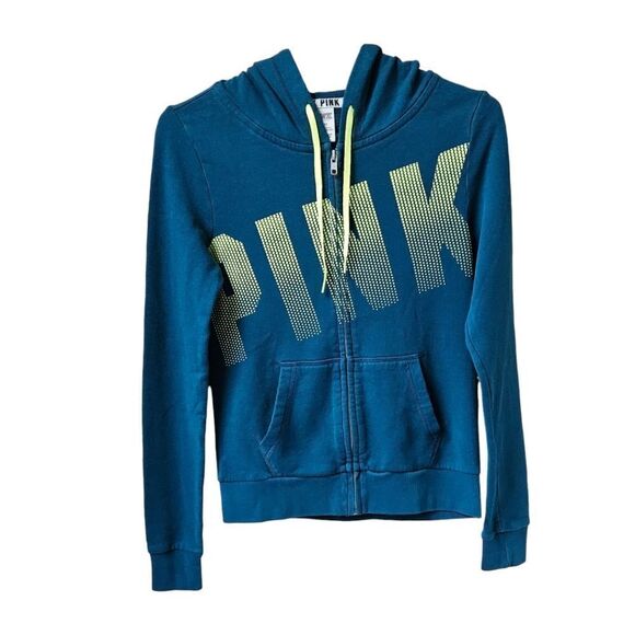 PINK VICTORIA SECRET Women's Neon Green Zip -up Hooded Jacket. - Picture 2 of 12